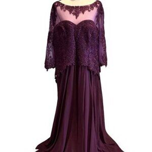 May Queen Eggplant Purple Embellished Beaded Illusion Chiffon Gown